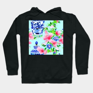 Peonies and chinoiserie jars on blue Hoodie